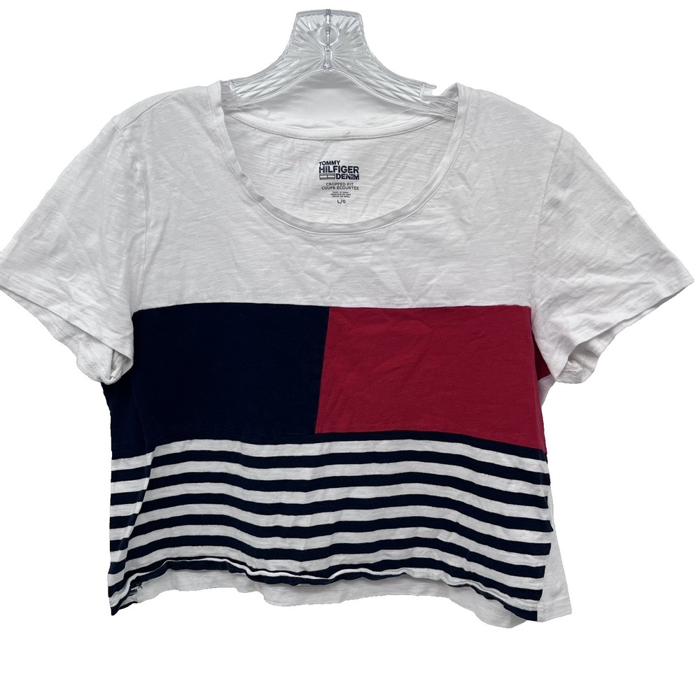 TOMMY HILFIGER DENIM Women's Sz L White Colorblock Short-Sleeve Cropped T-Shirt